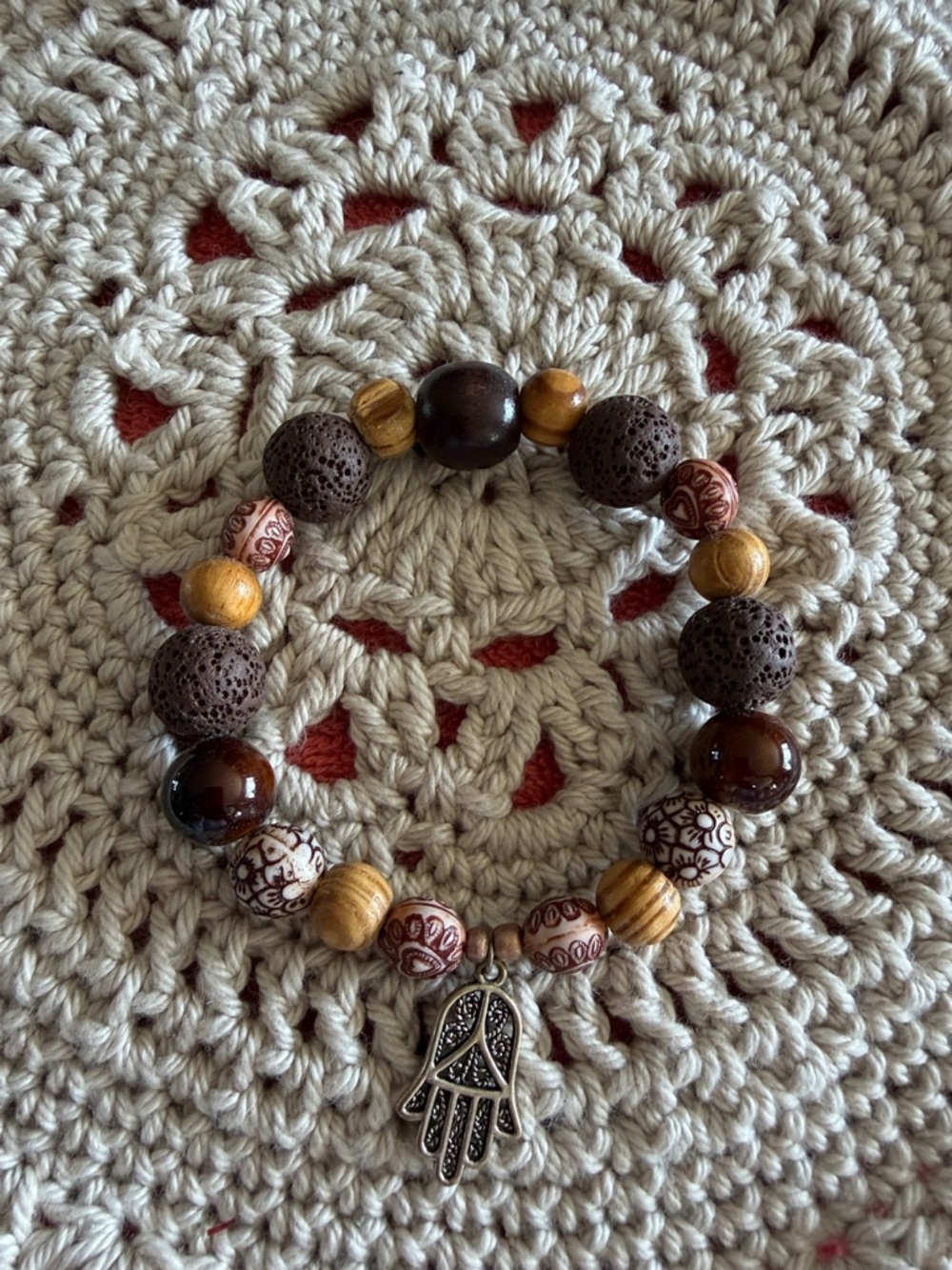 Hamsa Charm Brown & Tan Beaded Stretch Bracelet